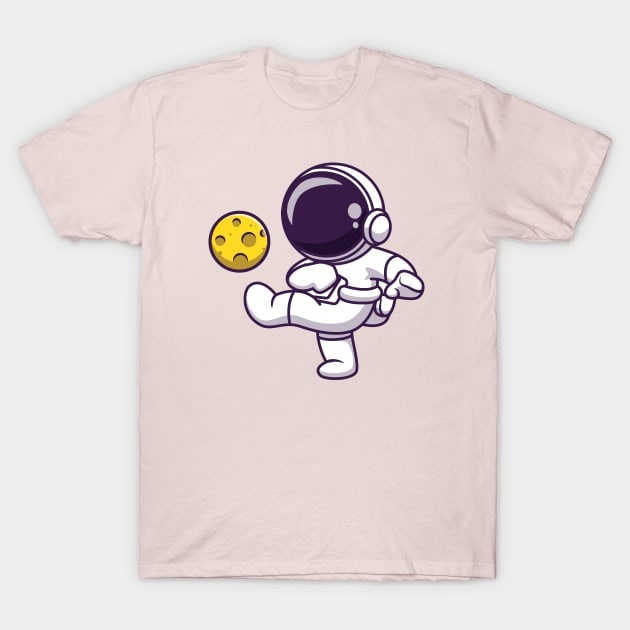 Cute Astronaut Playing Soccer Moon Cartoon T-Shirt by Catalyst Labs